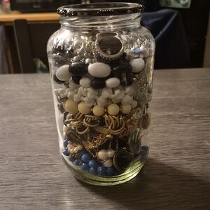 Glass Jar Filled with Beaded Necklaces, Vintage Rings, Cocktail Rings, Bracelets